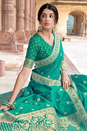 Turquoise Green Banarasi Saree
