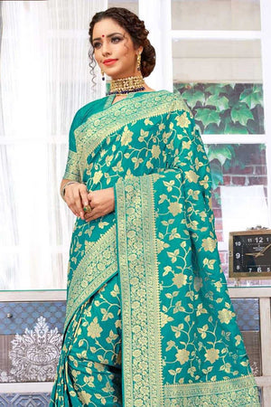 Turquoise Green Intricate Jaal Woven Banarasi Saree