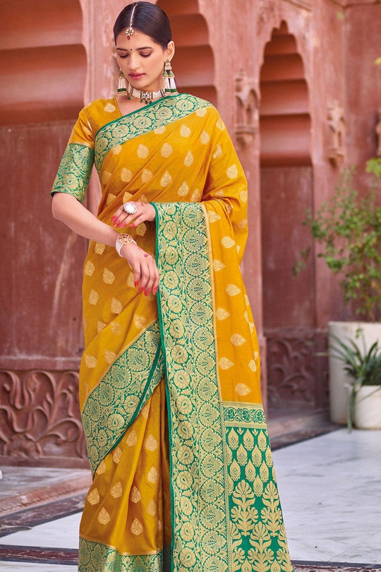 Tuscany Yellow Zari Butta Woven Banarasi Saree