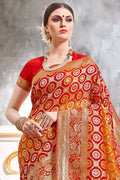 Warm Red And Orange Printed Banarasi Saree