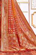 Warm Red And Orange Printed Banarasi Saree
