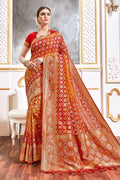 Warm Red And Orange Printed Banarasi Saree