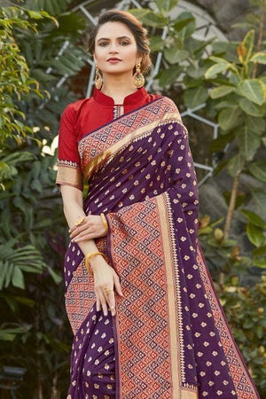 Wine Berry Zari Butta Banarasi Saree