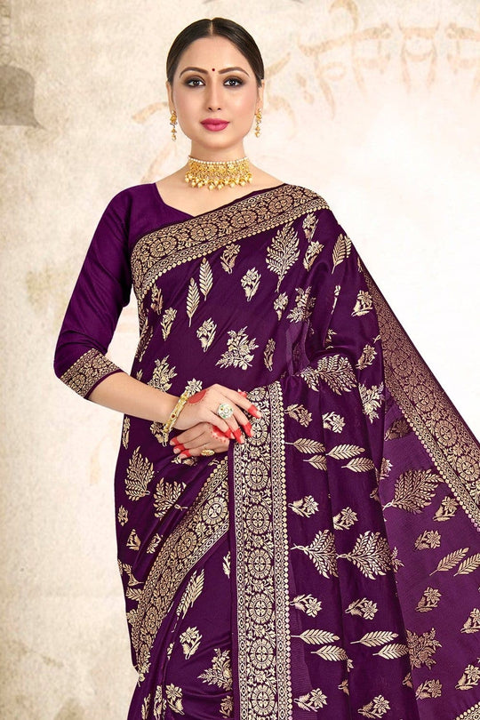 Wine Purple Printed Banarasi Saree