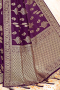 Wine Purple Printed Banarasi Saree
