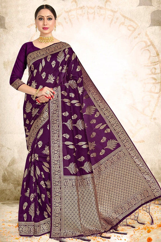 Wine Purple Printed Banarasi Saree