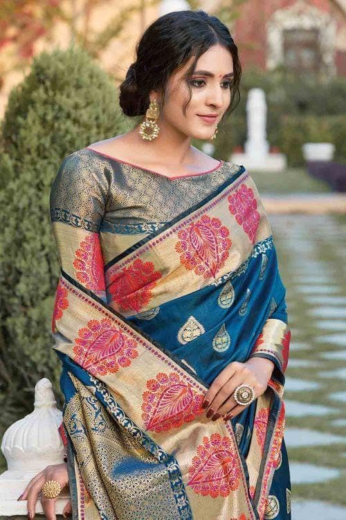 Yale Blue Leaf Butta Banarasi Saree