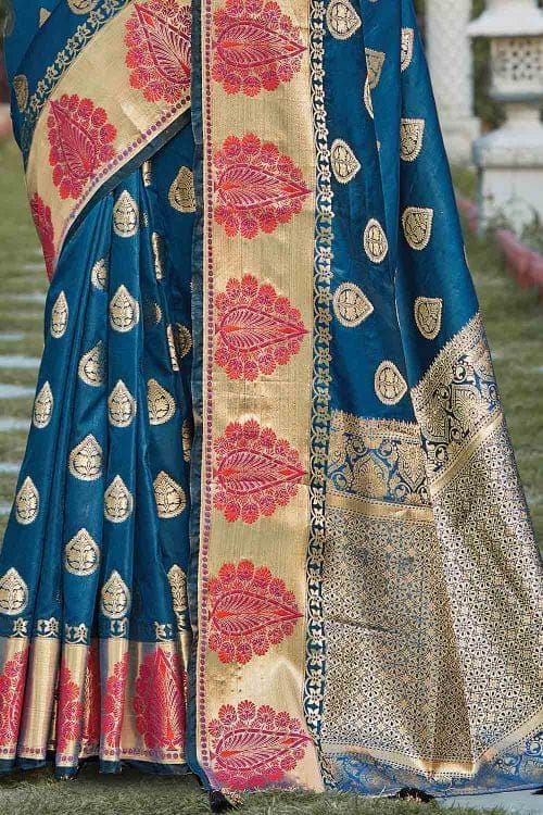 Yale Blue Leaf Butta Banarasi Saree