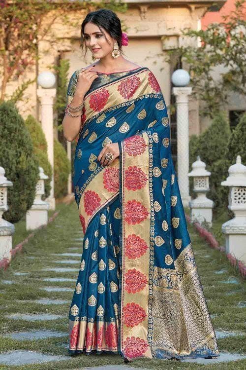 Yale Blue Leaf Butta Banarasi Saree
