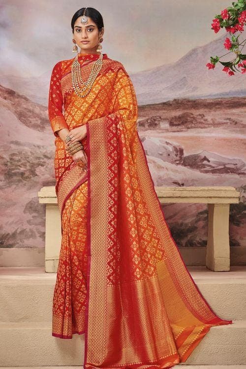 Yellow Orange Zari Woven Banarasi Saree