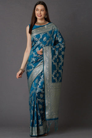 Zari Woven Prussian Blue Banarasi Saree