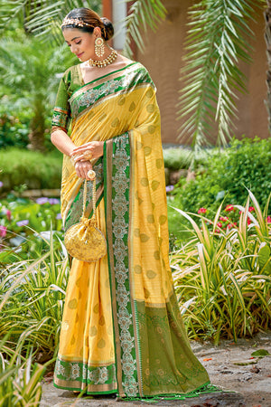 yellow banarasi saree