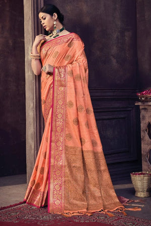 Coral Peach Banarasi Saree