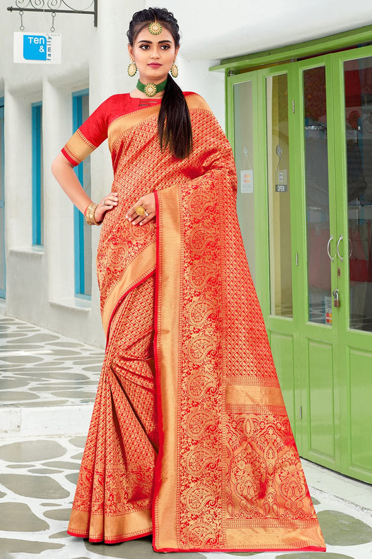 red Banarasi saree