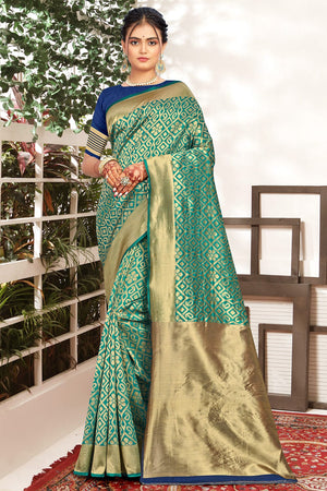 Teal Blue Banarasi Saree