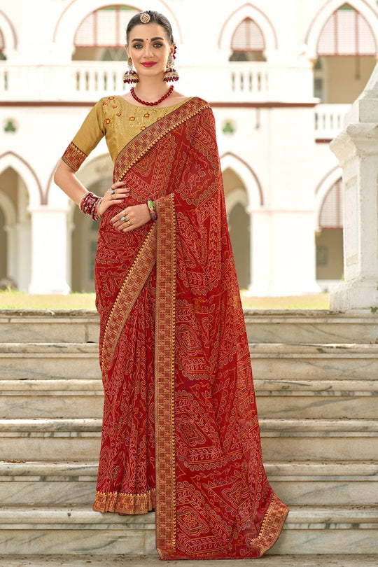 red bandhani saree