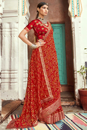 Chili Red Bandhani Saree