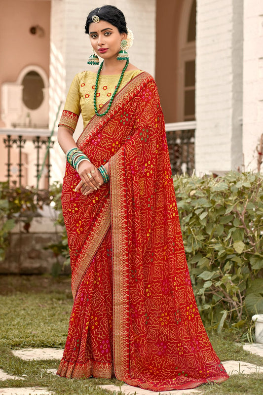 red bandhani saree