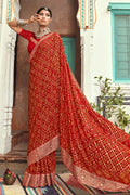 red bandhani saree