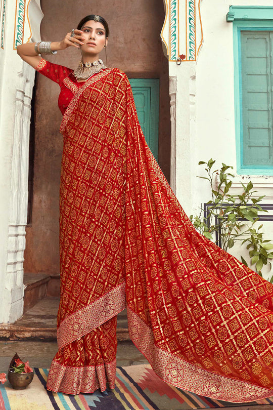 red bandhani saree