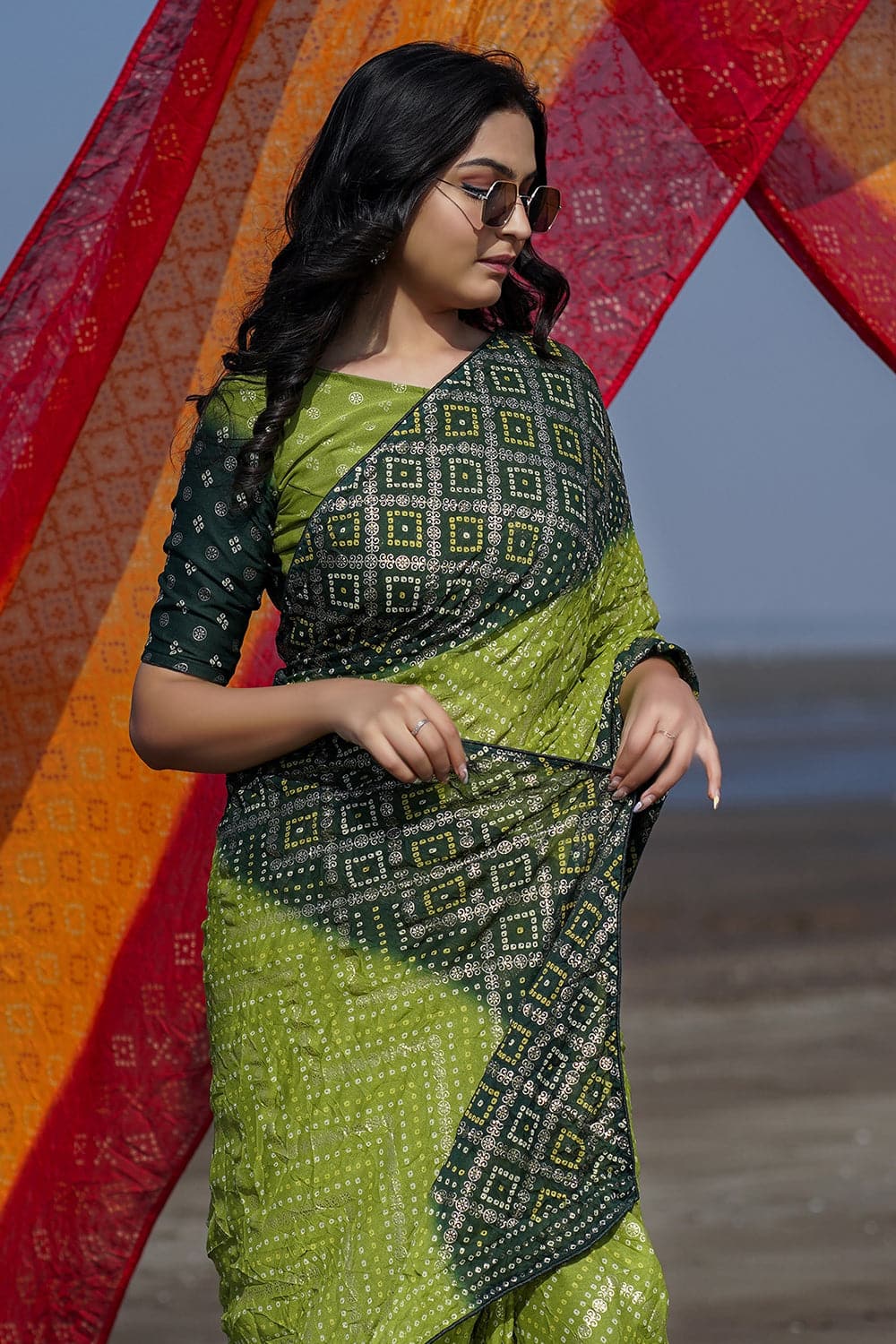 Faux Georgette Abstract Print Bandhani Saree in Multi Colour buy online -