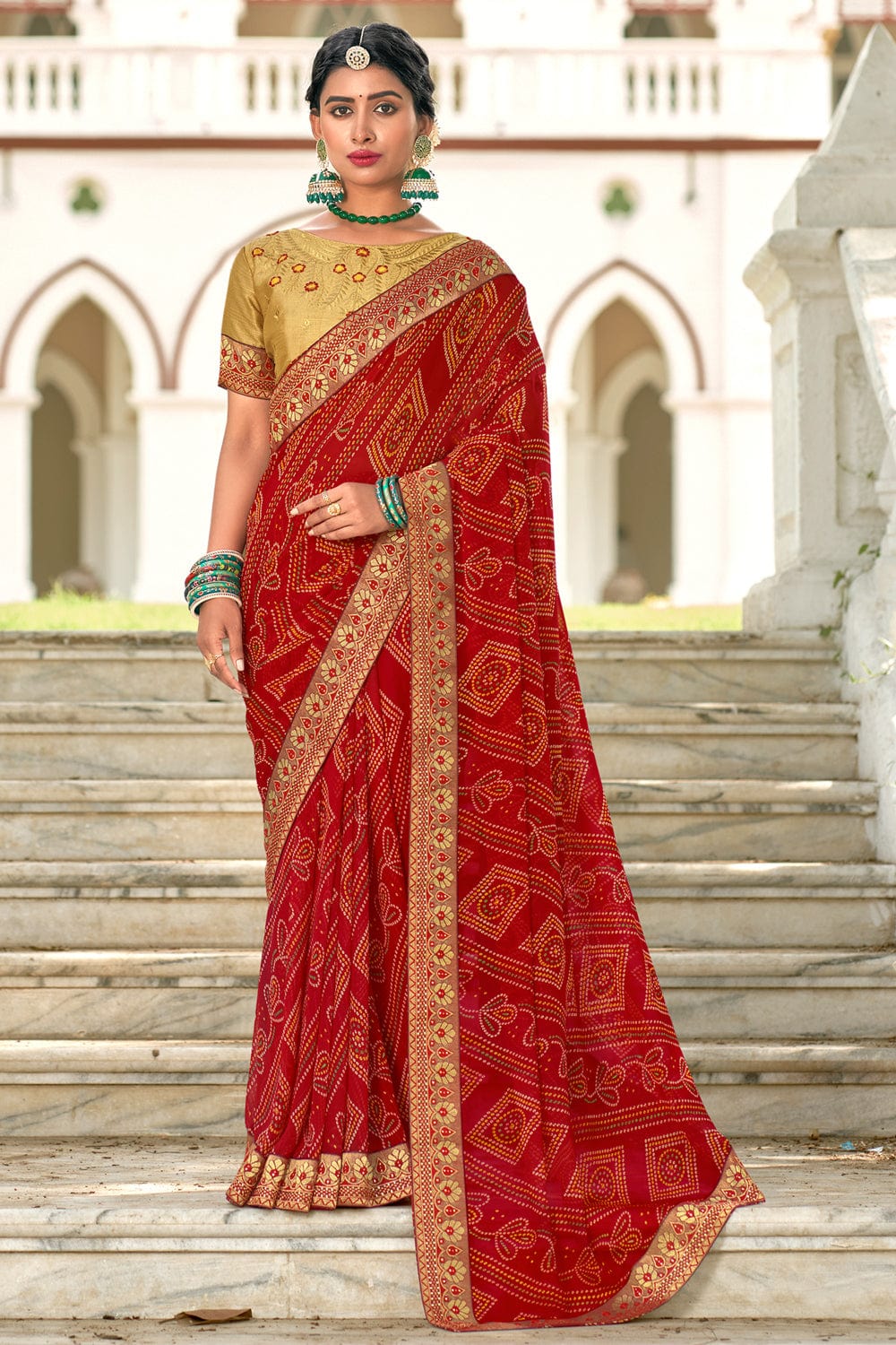 Bandhaj chunri saree,Georgette printed saree with work blouse,saree,Georgette  red saree,mirror work sarees