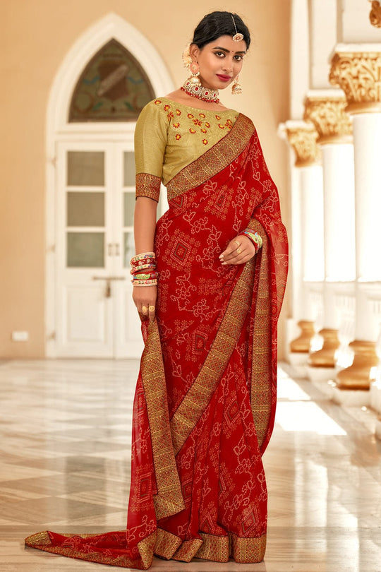 red bandhani saree