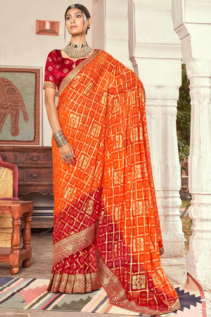 Orange Red Dual Tone Bandhani Saree