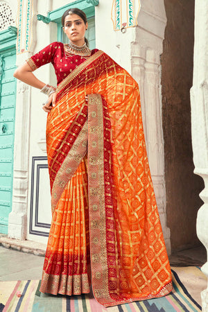 Orange Red Dual Tone Bandhani Saree