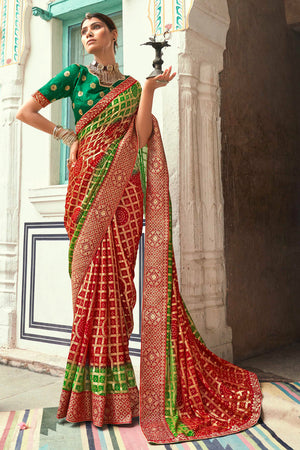 Red Green Dual Tone Bandhani Saree