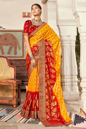 Red Yellow Bandhani Saree
