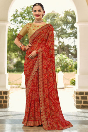 Rose Red Bandhani Saree