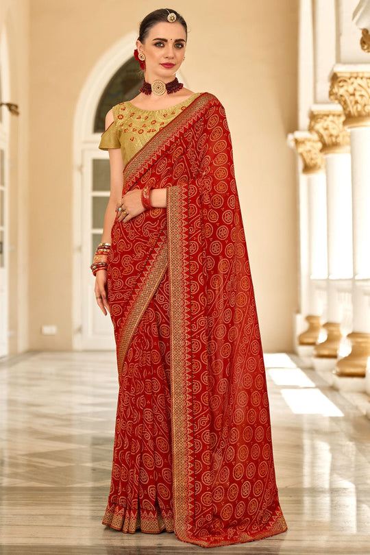 red bandhani saree