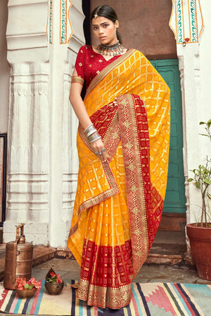 Yellow Red Dual Tone Bandhani Saree