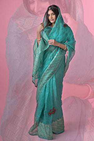 Cyan Blue Brasso Saree