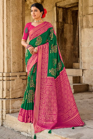 Pink Green Brasso Saree