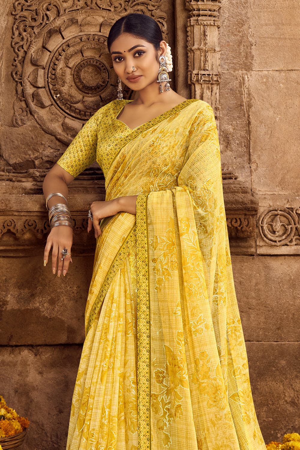 Buy Rajasthani Print Embroidered Bollywood Chiffon Yellow Sarees Online @  Best Price In India | Flipkart.com