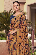 Chiffon Saree Denim Blue With Orange Prints Printed Chiffon Saree saree online