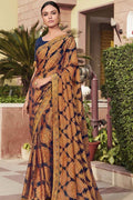 Chiffon Saree Denim Blue With Orange Prints Printed Chiffon Saree saree online