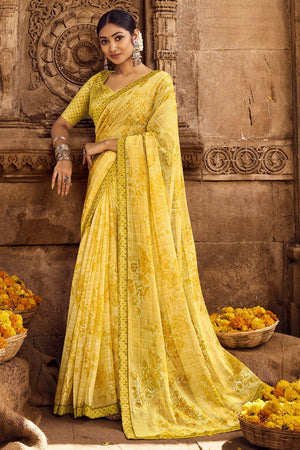 Lemon Yellow Chiffon Saree