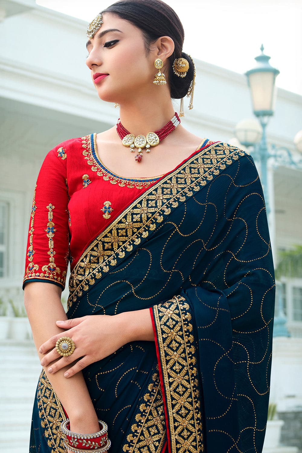 Green & Gold-Toned Floral Zari Heavy Work Chiffon Saree– Inddus.in