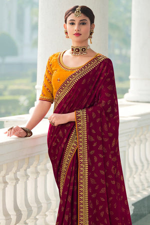 Maroon Colored Pure Banatasi Silk Wedding Saree  Maroon gnp005500