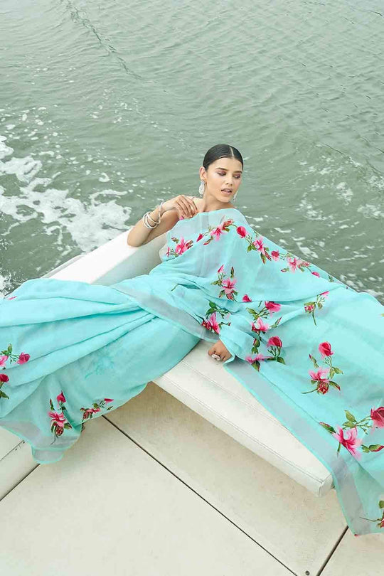 Arctic Blue Digital Printed Cotton Linen Blend Saree