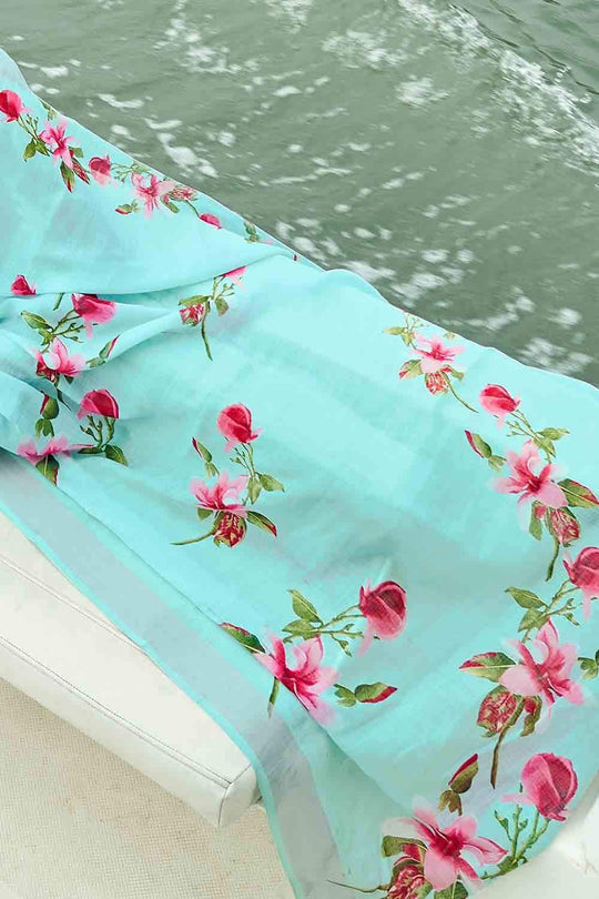 Cotton - Linen Saree Arctic Blue Digital Printed Cotton - Linen Saree saree online
