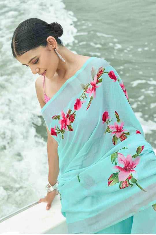 Cotton Linen Saree Arctic Blue Digital Printed Cotton Linen Saree saree online