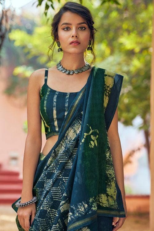 Cotton - Linen Saree Bahama Blue Zari Woven Cotton Linen Saree saree online