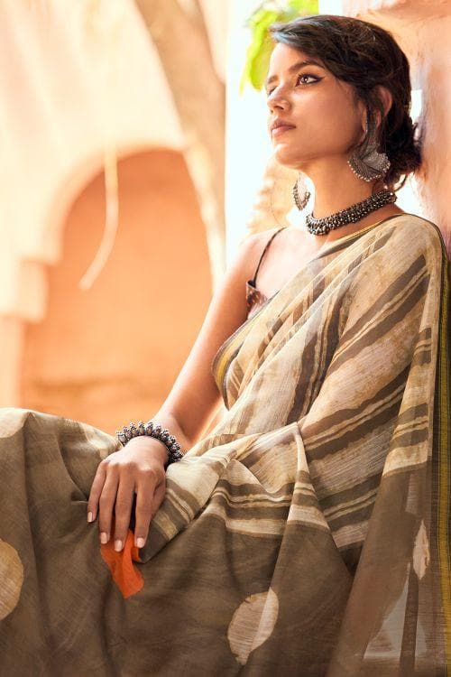 Cotton - Linen Saree Beige White Zari Woven Cotton Linen Saree saree online