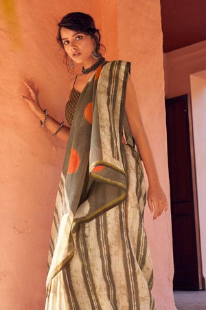 Beige White Zari Woven Cotton Linen Blend Saree