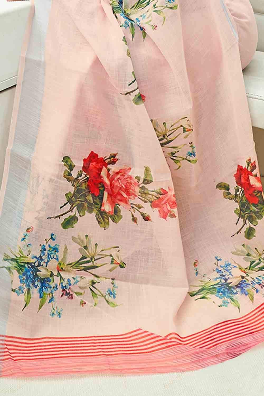 Cotton - Linen Saree Blush Pink Digital Printed Cotton - Linen Saree saree online