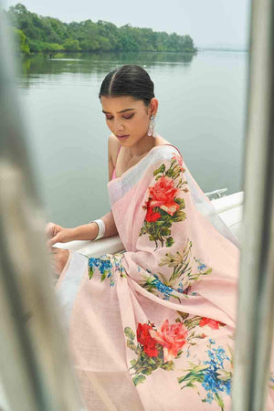 Blush Pink Digital Printed Cotton Linen Saree